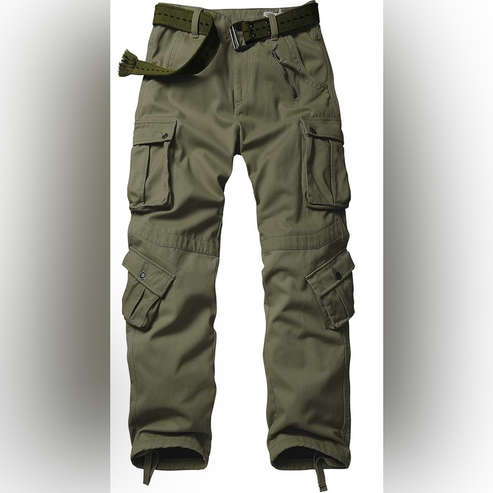 Men’s Army Green Cargo Pants Size 40 – Fleece-Lined, 8 Pockets, Rugged & Stylish